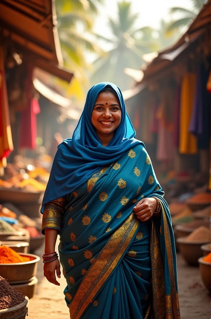 A fat Muslim mom beutiful face and chubby lustfull smile and look (silk saree) blue (hijab)