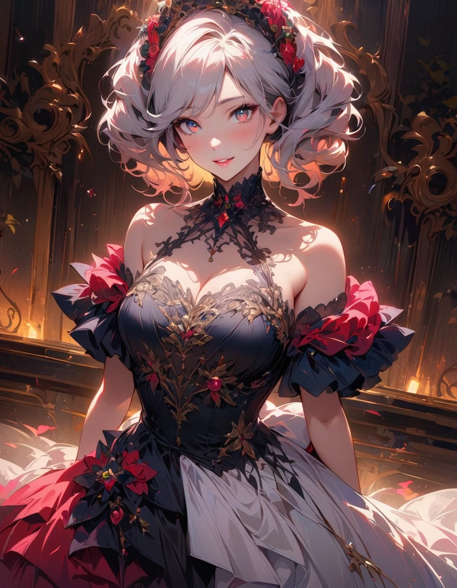 detailed textures, high quality, high resolution, high accuracy, Realism, color correction, correct lighting settings, harmonious composition. (high quality, a high resolution, Small parts), (Accentuated neckline:1.2), glamorous dress, Rich color palette, elegant and sensual, delicate textural details, Haute Couture Style, One, curvy women, White hair, sparkling eyes, (detailed eyes:1.2), juicy lips, smile, blush, Sub, oily skin, view from above, (front view), shallow depth of field, studio lighting, soft lighting--ar 3:4- Niji 6