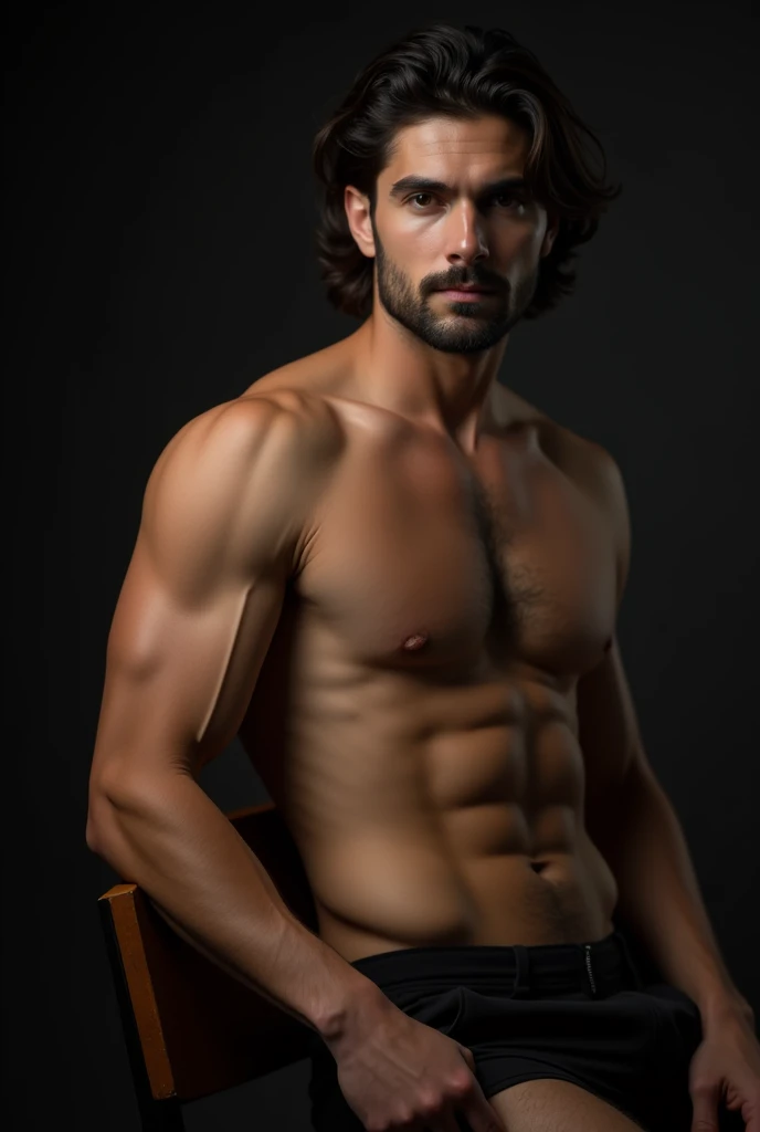 photograph of a handsome man with medium dark brown wavy hair and beard, He is naked, he is sitting sideways on a chair, leaning on a bench, professional photography, sensual gay shoot, photography with studio lighting in a dark environment, high resolution showing the penis and large pecs