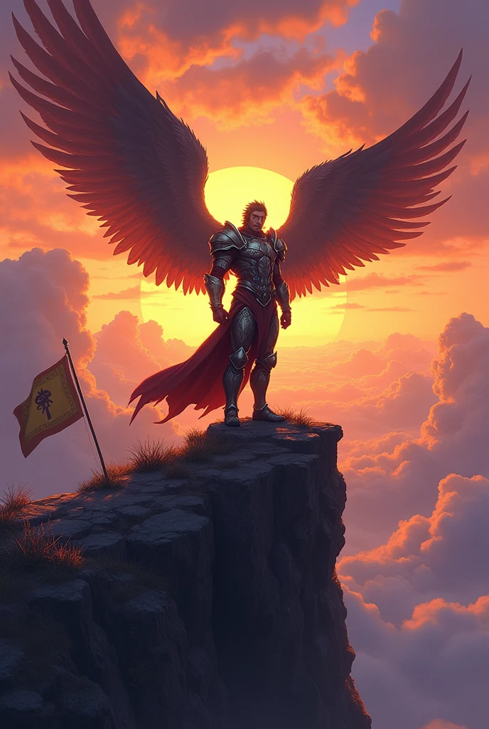 Masterpiece, best quality, (very detailed CG unit 8k wallpaper) (best quality), (best illustration), (best shadows) (male), battleangel on top of a cliff, looking at a sign, King Kodos Empire, waving flag, AoE