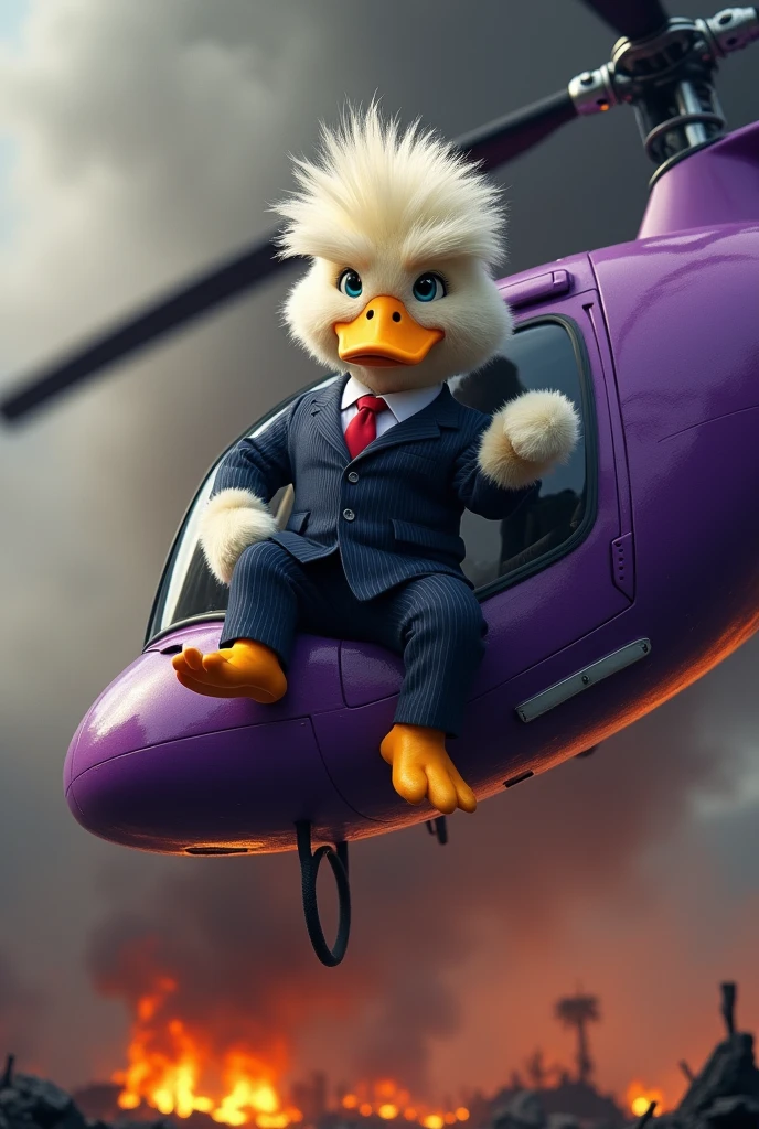 Mafia white soft fur skin duck with hairstyle of donald trump wearing suit and pant sitting on the side of a purple helicopter in the air, battlefield backgrond, fire everywhere