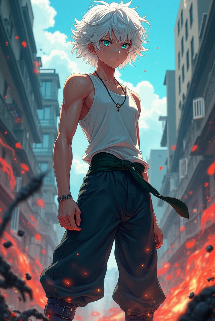 Create a Jujutsu Kaisen style OC with the following characteristics: Medium-short, white curly hair, aqua eyes (just as shiny as Gojo's), trained body and height 1,70 cm, with slightly marked freckles