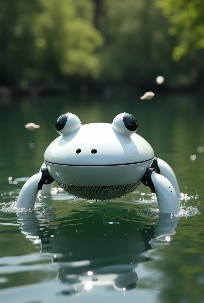 An white colored frog robot that floats eating the water surface garbage and collects the garbage in its belly to tail that is netted, also its four legs are four propellers