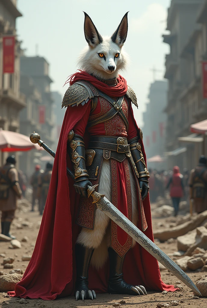 A sergal with red, white, and grey around ears fur in a decorative uniform with a weapon on his side and war torn background