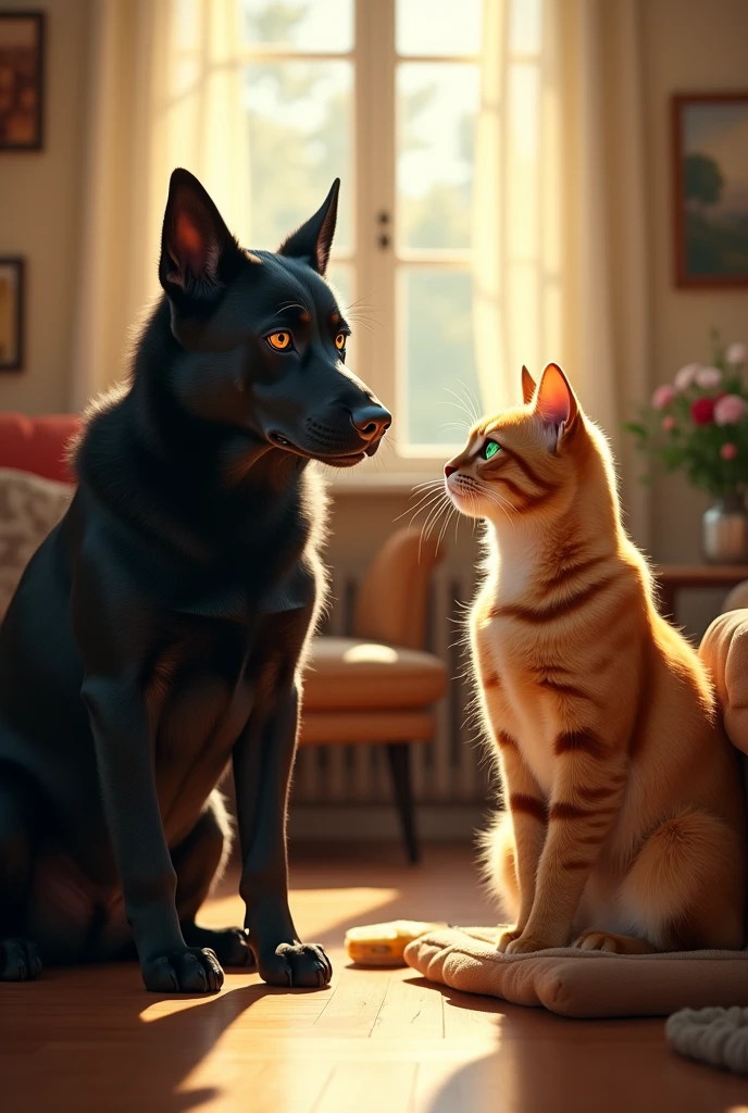 (photorealism:1.2), cat and dog, big black dog with amber eyes, golden cat with green eyes and long hairs, grumpy, don't like each other.