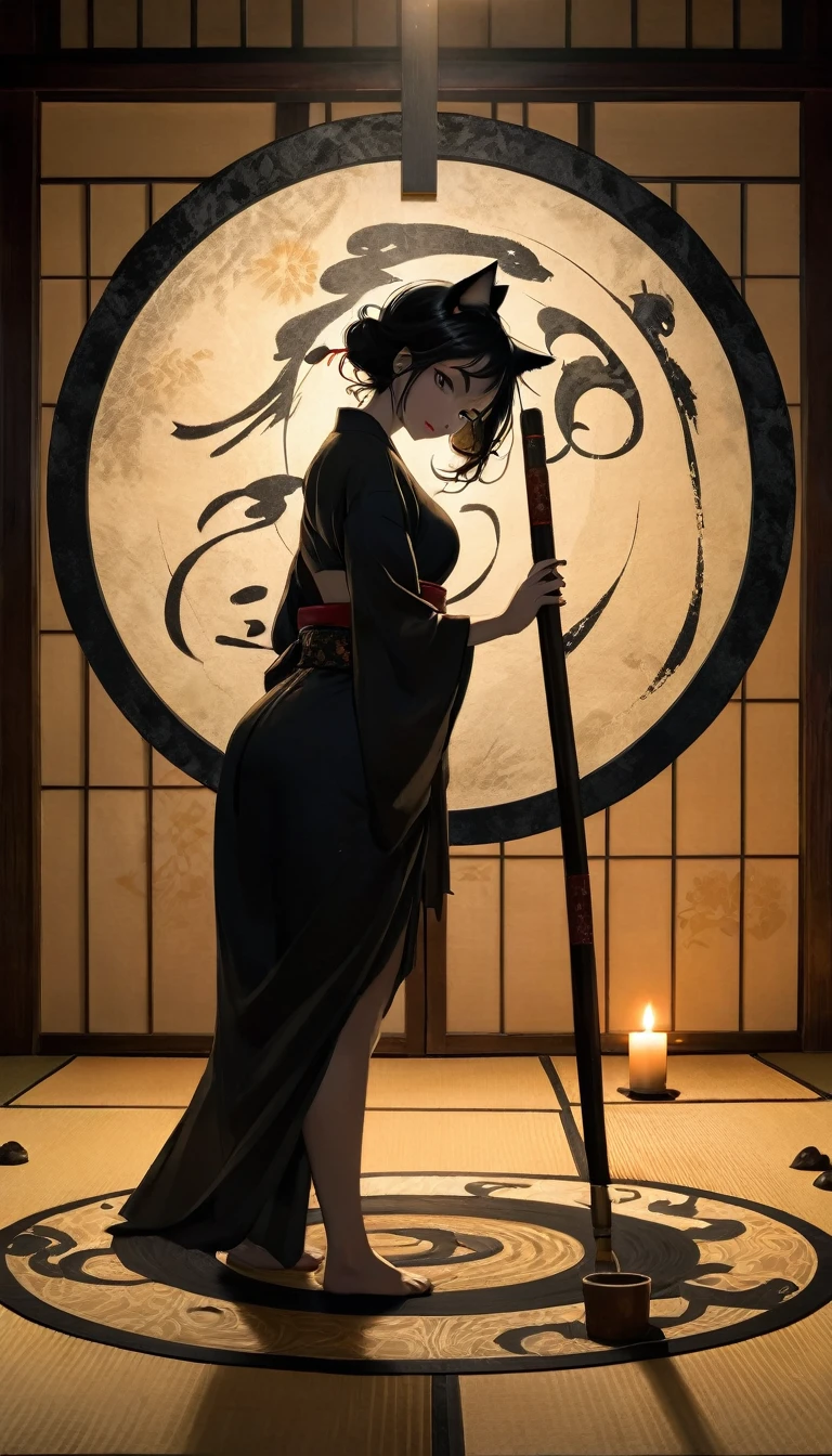 1 sexy girl, a strange black silhouette appears in the magic circle, a sexy girl uses a giant paintbrush to draw a magic circle with ink, writing calligraphy on a large piece of Japanese paper arranged on the ground, a cat walking and leaving marks of black paws on washi paper, dim light, candles placed in the room, inside a Japanese style room, art inspired by Bill Sienkiewicz, (best quality, 4k, 8k, high resolution, masterpiece: 1.2), ultra-detailed, (realistic, photorealistic, photorealistic: 1.37), details intricate, vivid colors, sharp focus, professional, Dave McKean artwork, surrealism oil touch, oil painting style, portrait, woman, beautiful detailed eyes, beautiful detailed lips, dreamy atmosphere, shadow play, lighting soft, fun pose, dark tones, ethereal background, fantasy elements, texture, layered composition.