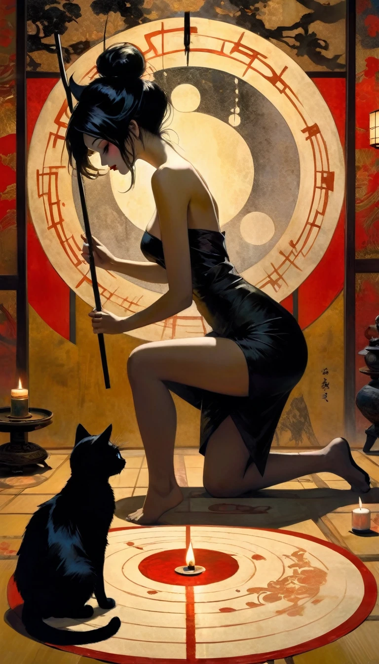 1 sexy girl, a strange black silhouette appears in the magic circle, a sexy girl uses a giant paintbrush to draw a magic circle with ink, writing calligraphy on a large piece of Japanese paper arranged on the ground, a cat walking and leaving marks of black paws on washi paper, dim light,sexy dress, candles placed in the room, inside a Japanese style room, art inspired by Bill Sienkiewicz, (best quality, 4k, 8k, high resolution, masterpiece: 1.2), ultra-detailed, (realistic, photorealistic, photorealistic: 1.37), details intricate, vivid colors, sharp focus, professional, Dave McKean artwork, surrealism oil touch, oil painting style, portrait, woman, beautiful detailed eyes, beautiful detailed lips, dreamy atmosphere, shadow play, lighting soft, fun pose, dark tones, ethereal background, fantasy elements, texture, layered composition.eroticism, sexy, black and white image, between shadows, oil painting, chiaroscuro, sensual, dramatic lighting, moody atmosphere, photorealistic, intricate details, masterpiece, ultra-detailed, high quality, 8k, best quality, realistic, cinematic, dark and brooding, expressionistic, powerful composition, emotional impact, .pussy,spread her pussy,cum,cum on pussy,masterbation,straddling,},, powerful composition, emotional impact, Bill Sienkiewicz and Dave Mckeaninspired art