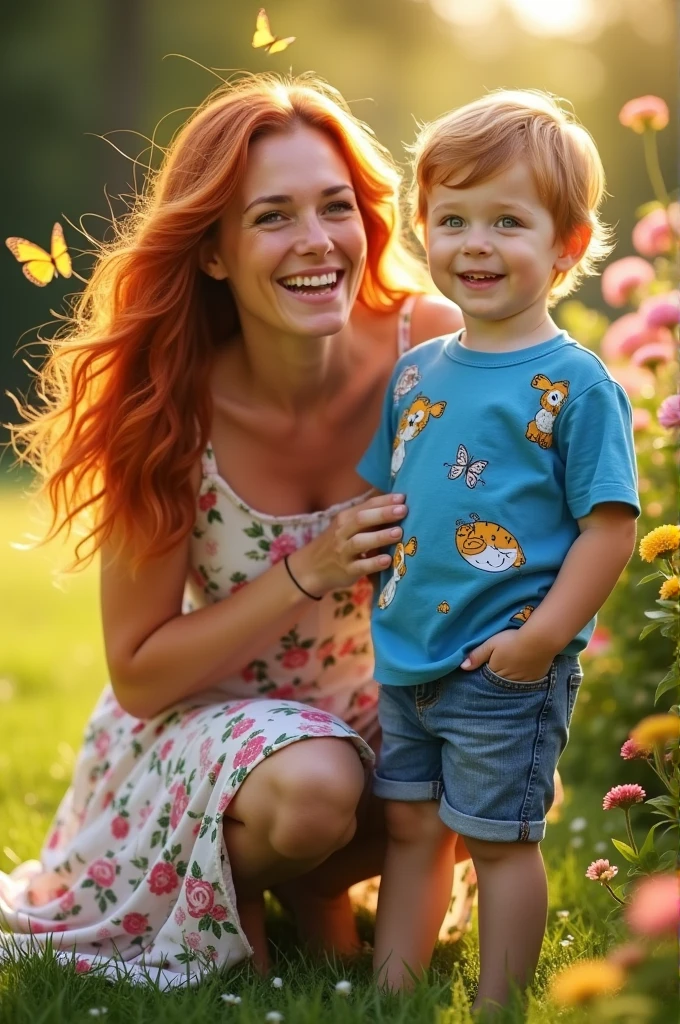 Red-haired woman with her realistic red-haired son