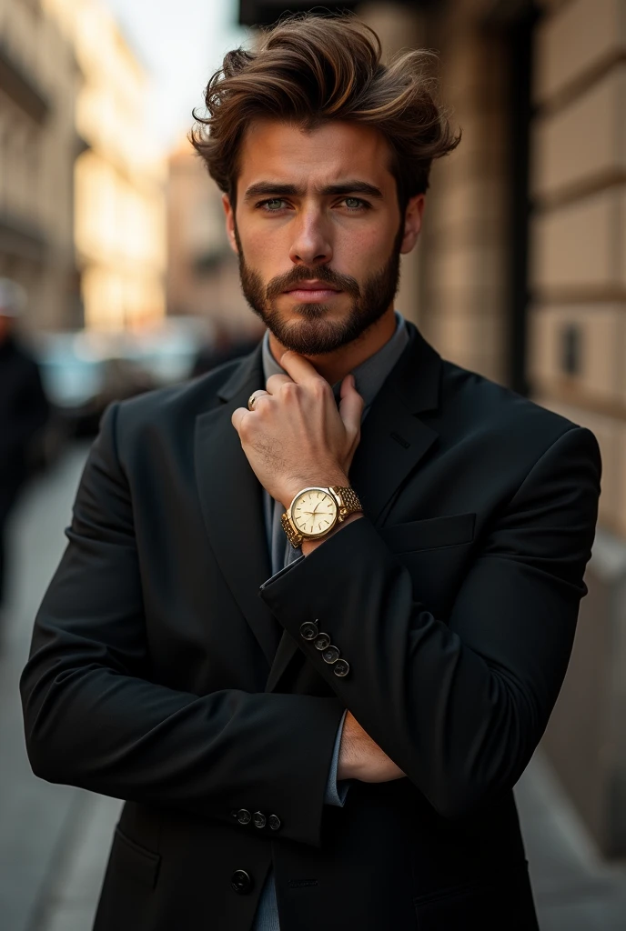 Twenty-year-old man with a beard,chestnut hair,greeneyes, Black Suit,Gold watch on the right wrist