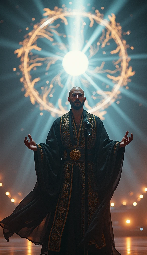 create a realistic wizard, 40 year old young man, bonitas, bald with short beard, communicator with microphone on a stage, to convey depth and effects of light from a spiritual portal, refined wizard attire