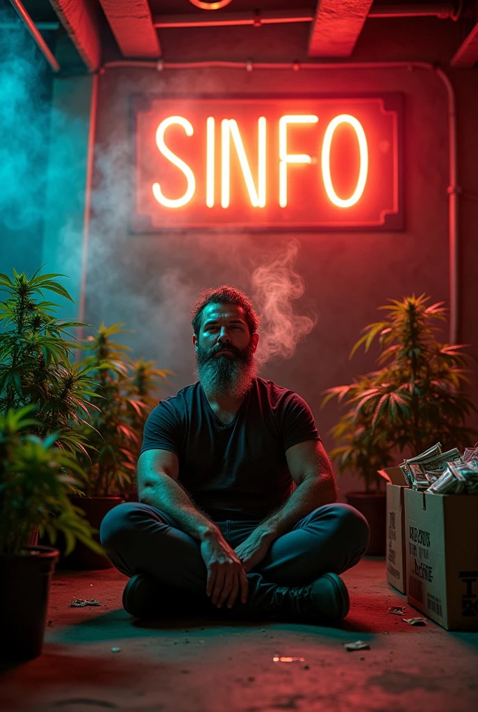 A MAN SITTING DOWN IN A BASEMENT SMOKING WITH WEED PLANTS EVERYWHERE AND BOXES AND MONEY EVERYWHERE WITH A SIGN SAYING "SINFO"
ON TOP OF HIM