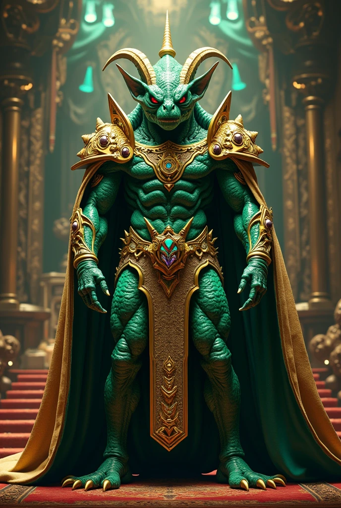 Strong, bold and green alien with a King costume in hq style