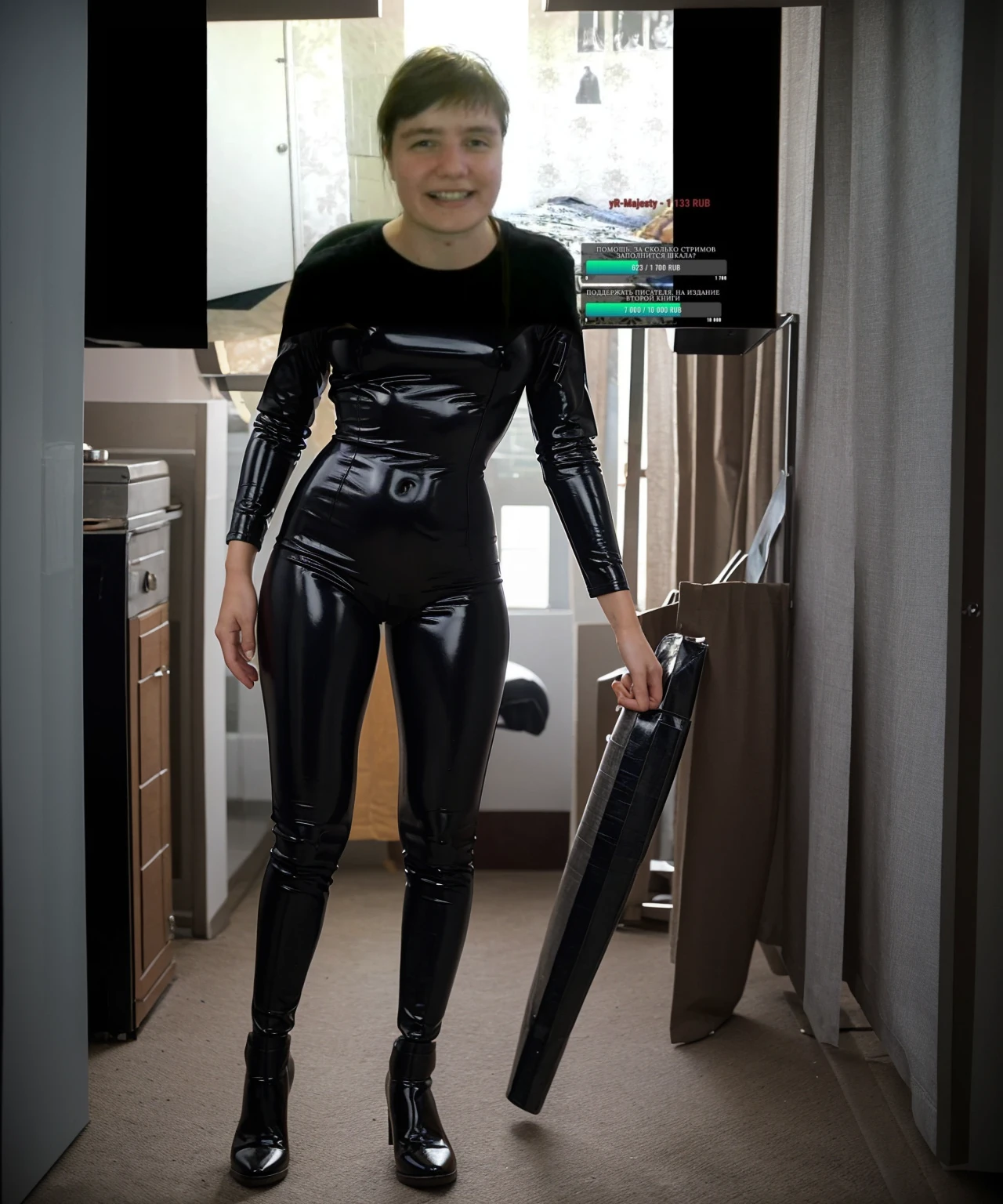 1 girl, full body portrait shot, standing , latex bodysuit, full legs 