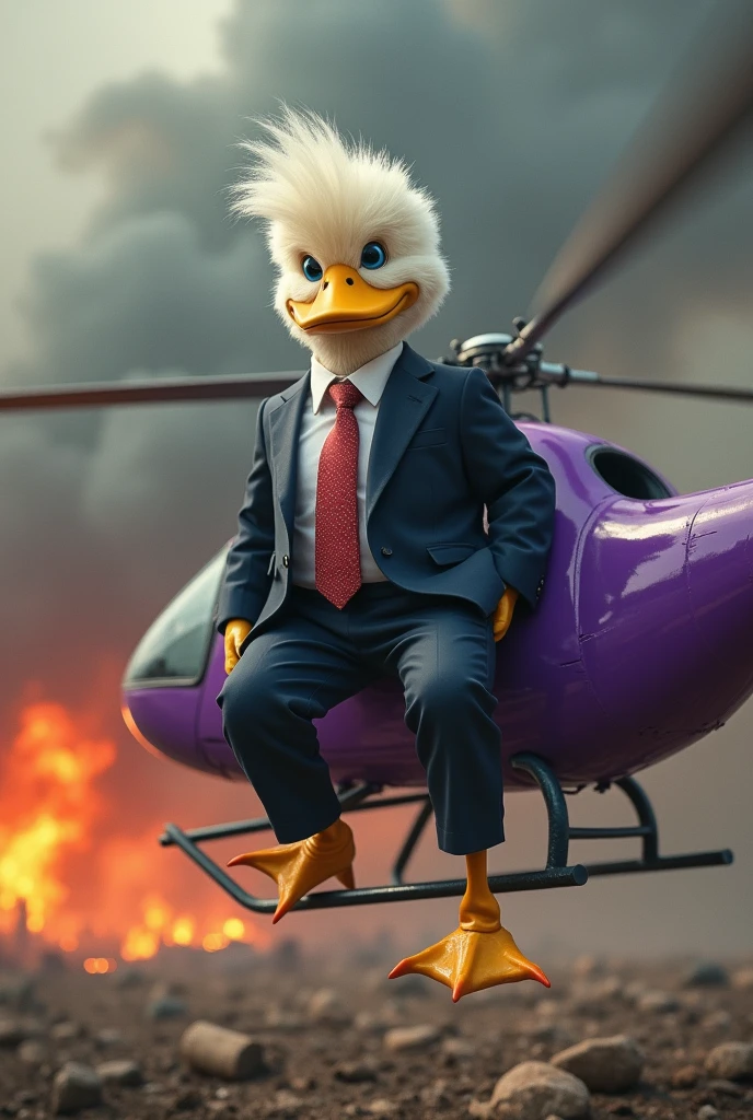 Mafia white soft fur skin duck with hairstyle of donald trump wearing suit and pant sitting on the side of a purple helicopter in the air, battlefield backgrond, fire everywhere