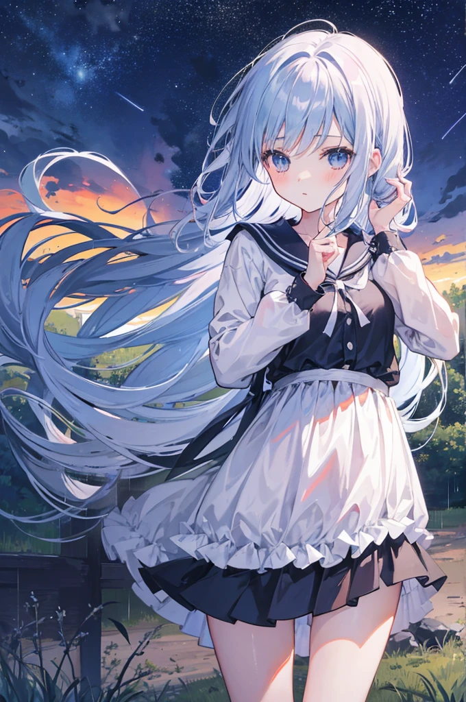 Create an image of an anime girl in a rural setting with rain, a night sky, and stars. Use dark colors and a square aspect ratio.