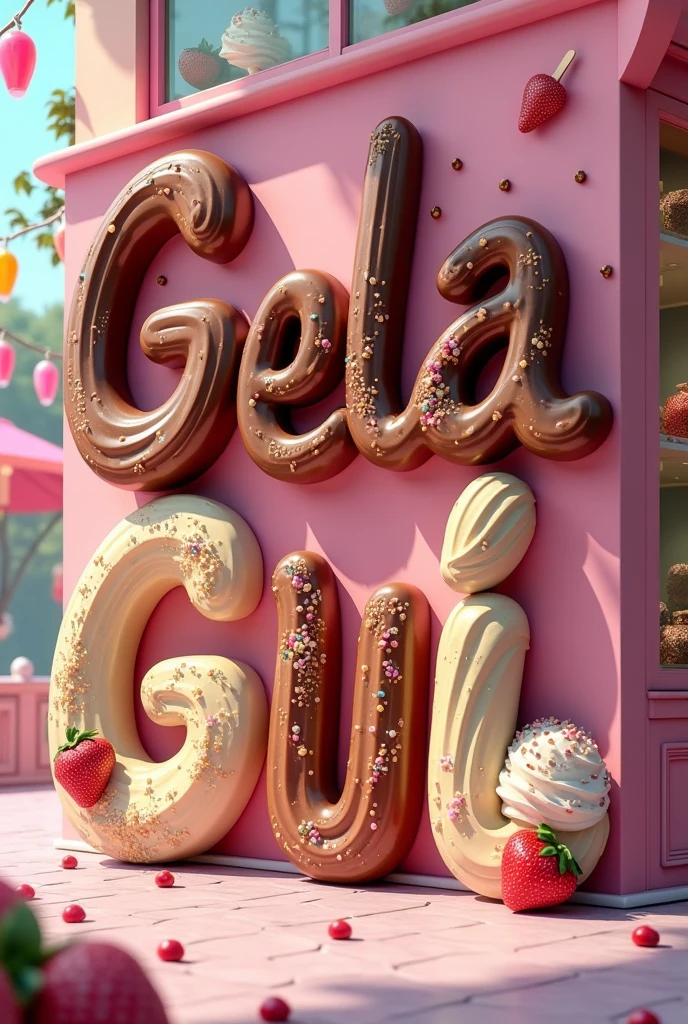 I want an image with the name Gela Gui from my ice cream shop and I want it to be very eye-catching, I want it to have ice cream and be very pretty, I also want the letters to have a cool shape and to refer to an ice cream shop with chocolate ice cream., vanilla and strawberry.