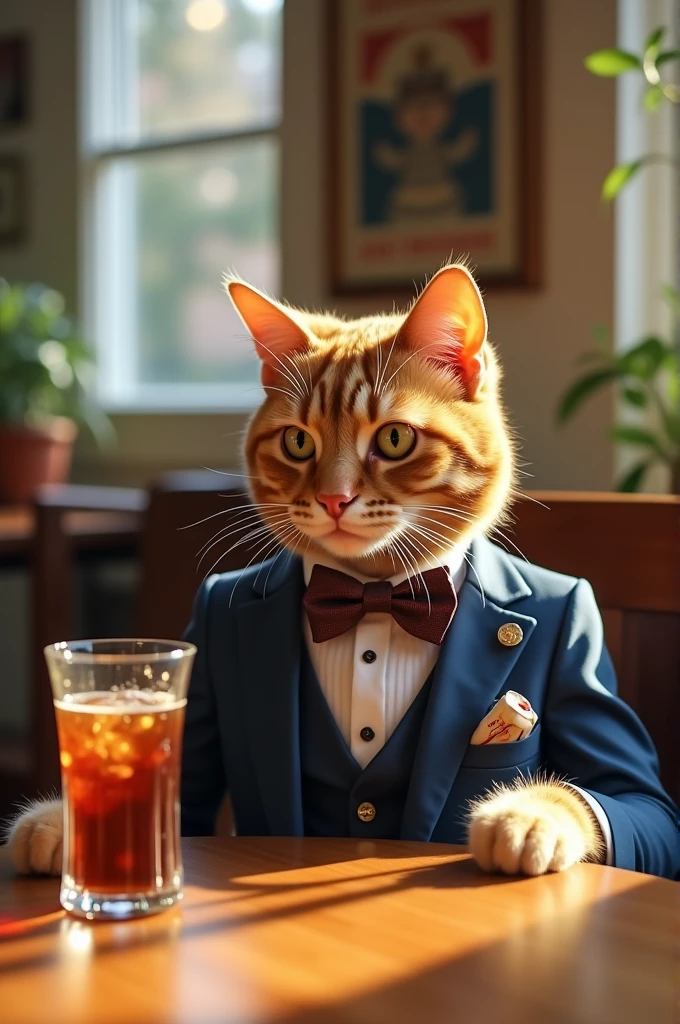 A cat in a suit drinking ayran from a coca cola glass 