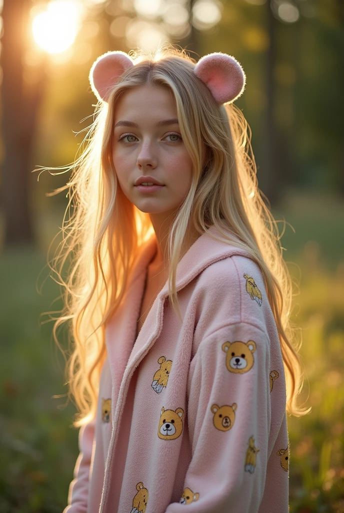 masterpiece, beautiful norwegian girl 21 years old, (in pajamas with teddy bears painted on them), (medium breast), (perfect body), (long light hair), outside, (skin texture:1.1), Best quality, ultra high resolution, RAW photo, Nikon D850, Backlight, rim light, Bright sunlight, grain:1.2, (warm shade, warm tone:1.2), (color photo)