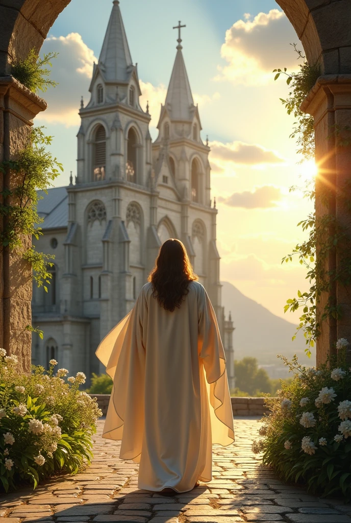 Jesus Christ in front of a church
With his back to the viewer