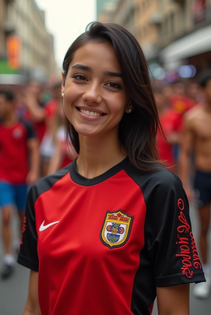 Woman:

body hair: Smooth and black
Eyes:brown.
Height: 1,50
Face: Slightly renting
Clothing: shirt of the Flamengo team
Skin color : veil
Color of the cloth: black and red 