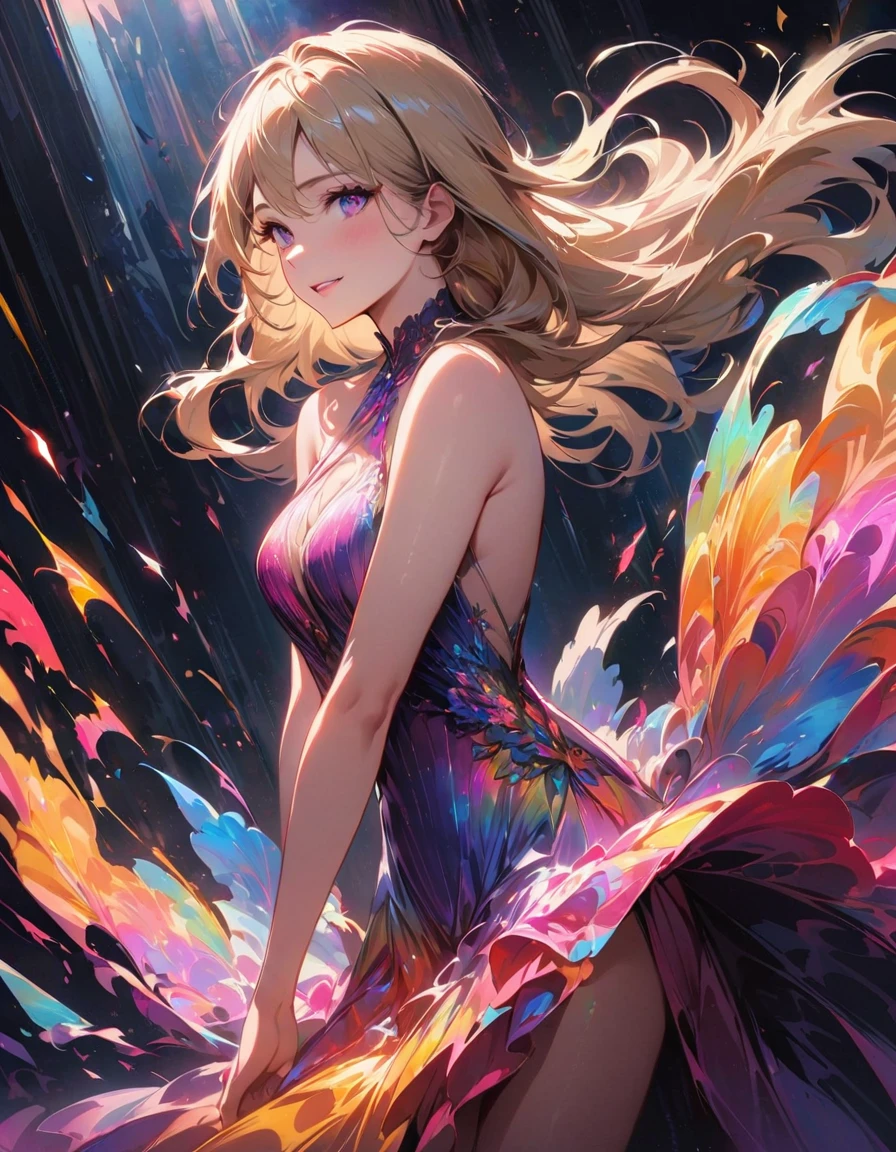 detailed textures, high quality, high resolution, high accuracy, Realism, color correction, correct lighting settings, harmonious composition. (high quality, a high resolution, Small parts), Shimmering background, (prismatic dress:1.2), Sparkling accessories, One, curvy women, Long blonde hair fluttering in the wind, graceful pose, sparkling eyes, (detailed eyes:1.2), smile, blush, Sub, oily skin, shallow depth of field, unearthly beauty, bright colors, soft lighting--ar 3:4- Niji 6