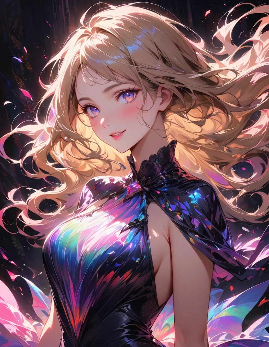 detailed textures, high quality, high resolution, high accuracy, Realism, color correction, correct lighting settings, harmonious composition. (high quality, a high resolution, Small parts), Shimmering background, (prismatic dress:1.2), Sparkling accessories, One, curvy women, Long blonde hair fluttering in the wind, graceful pose, sparkling eyes, (detailed eyes:1.2), smile, blush, Sub, oily skin, shallow depth of field, unearthly beauty, bright colors, soft lighting--ar 3:4- Niji 6