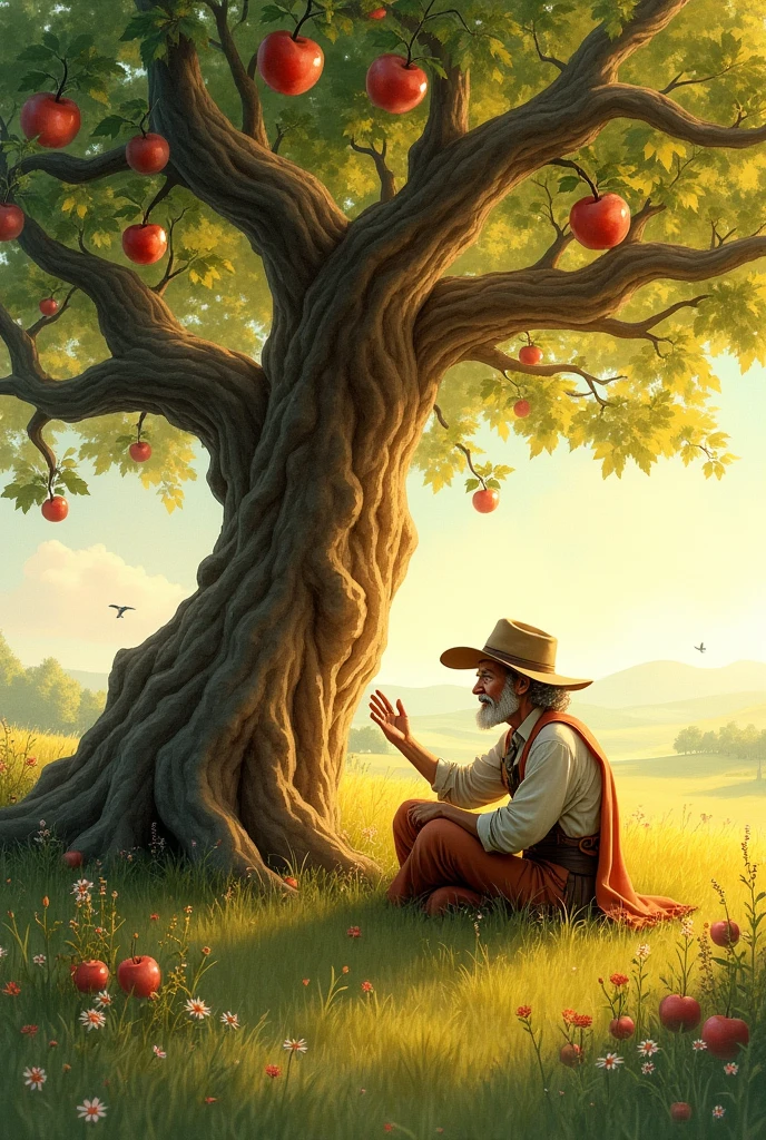 Create a animation pic A apple tree talk with an old man