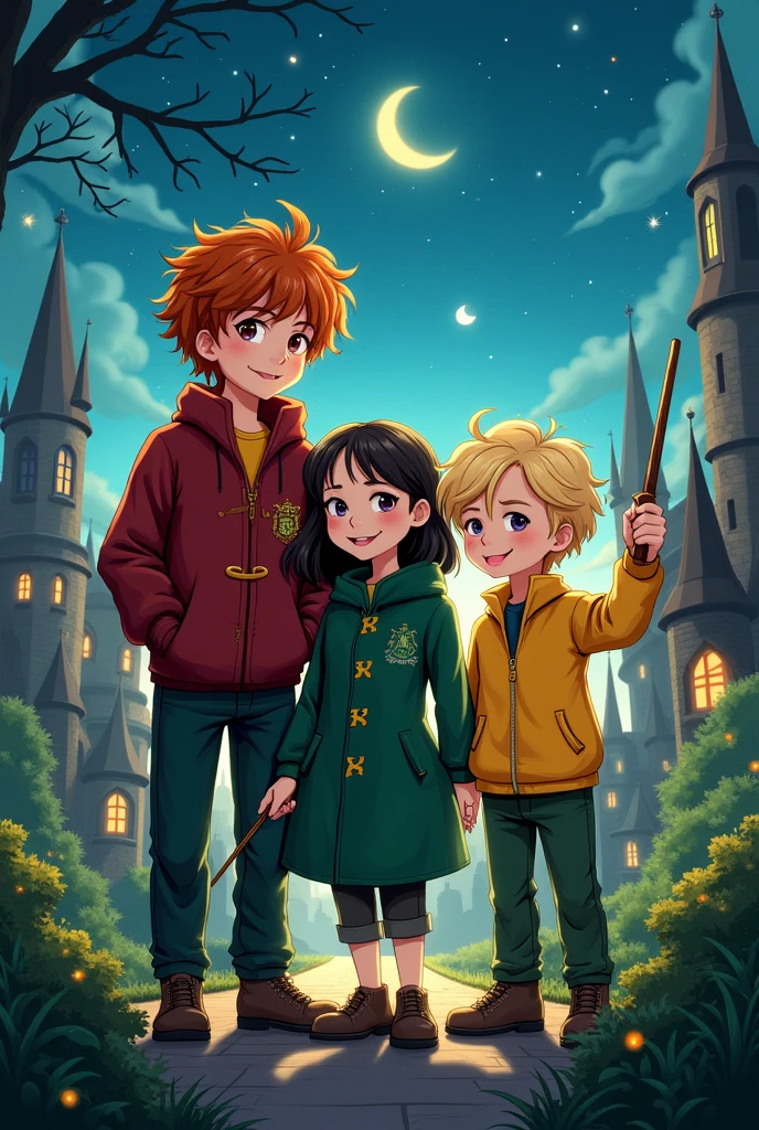 A gryffindor boy with a Slytherin girl and a Hufflepuff boy with Wands in their hand . The gryffindor boy will wear a maroon jacket and Slytherin girl will wear a green jacket and the Hufflepuff boy will wear a yellow jacket.make it illustration