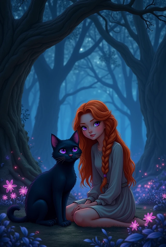 Make me a furry black cat with purple eyes, beside a redhead, with freckles and straight hair in a medieval style, both in a dark place and in the Disney animation style