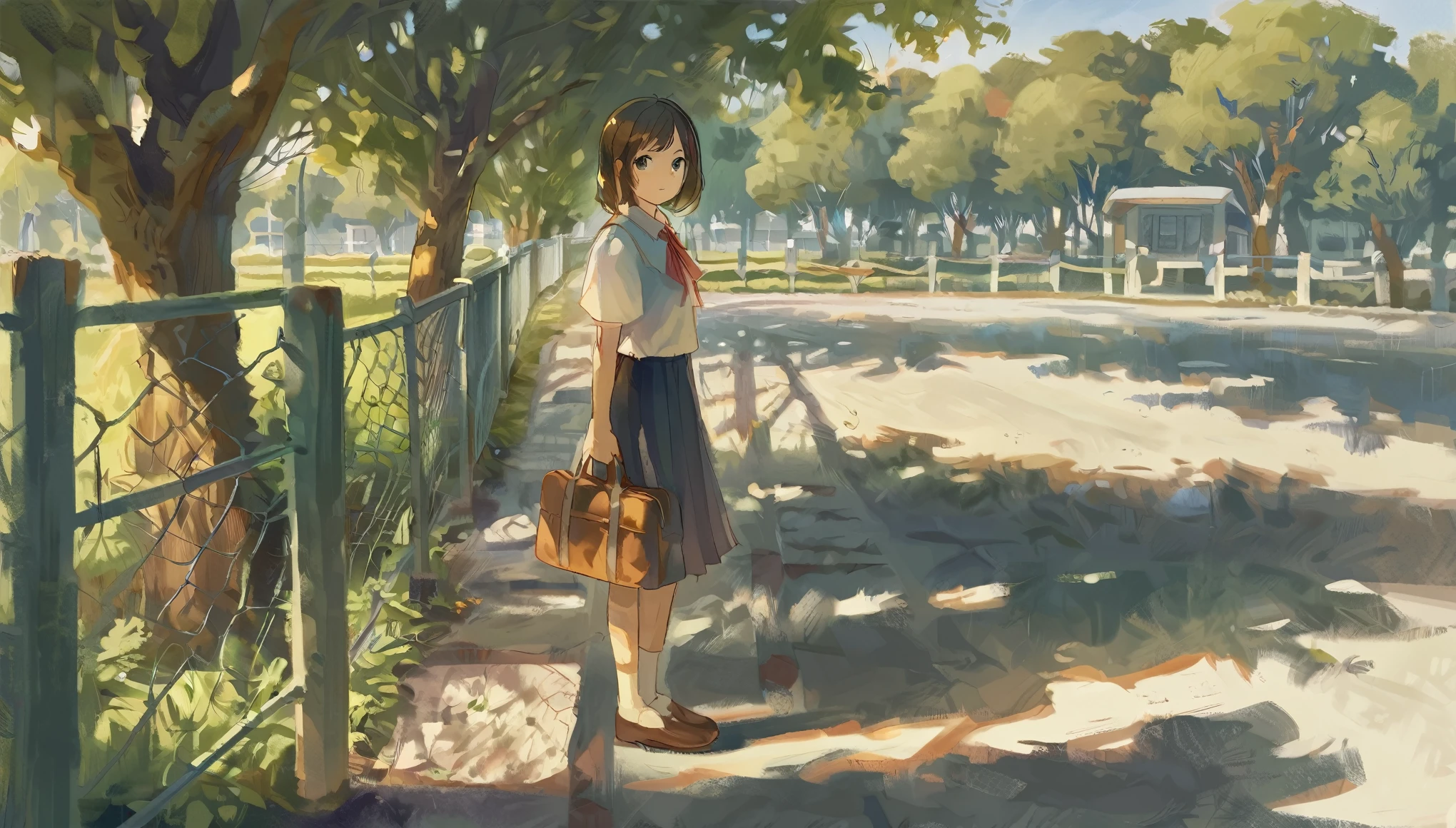 The image portrays a serene outdoor setting, possibly a park or a school grounds. A young girl with short brown hair is standing by a bench, gazing into the distance. She's wearing a white shirt paired with a pleated skirt, and has a black bag slung over her shoulder. She's holding a brown bag in her hands. The sunlight filters through the trees, casting dappled shadows on the ground. The girl's outfit suggests a school uniform. The surrounding environment includes green grass, a fence, trees, and a tree trunk. The entire scene is bathed in a soft, golden light, suggesting it might be either early morning or late afternoon.,masterpiece, best quality,
