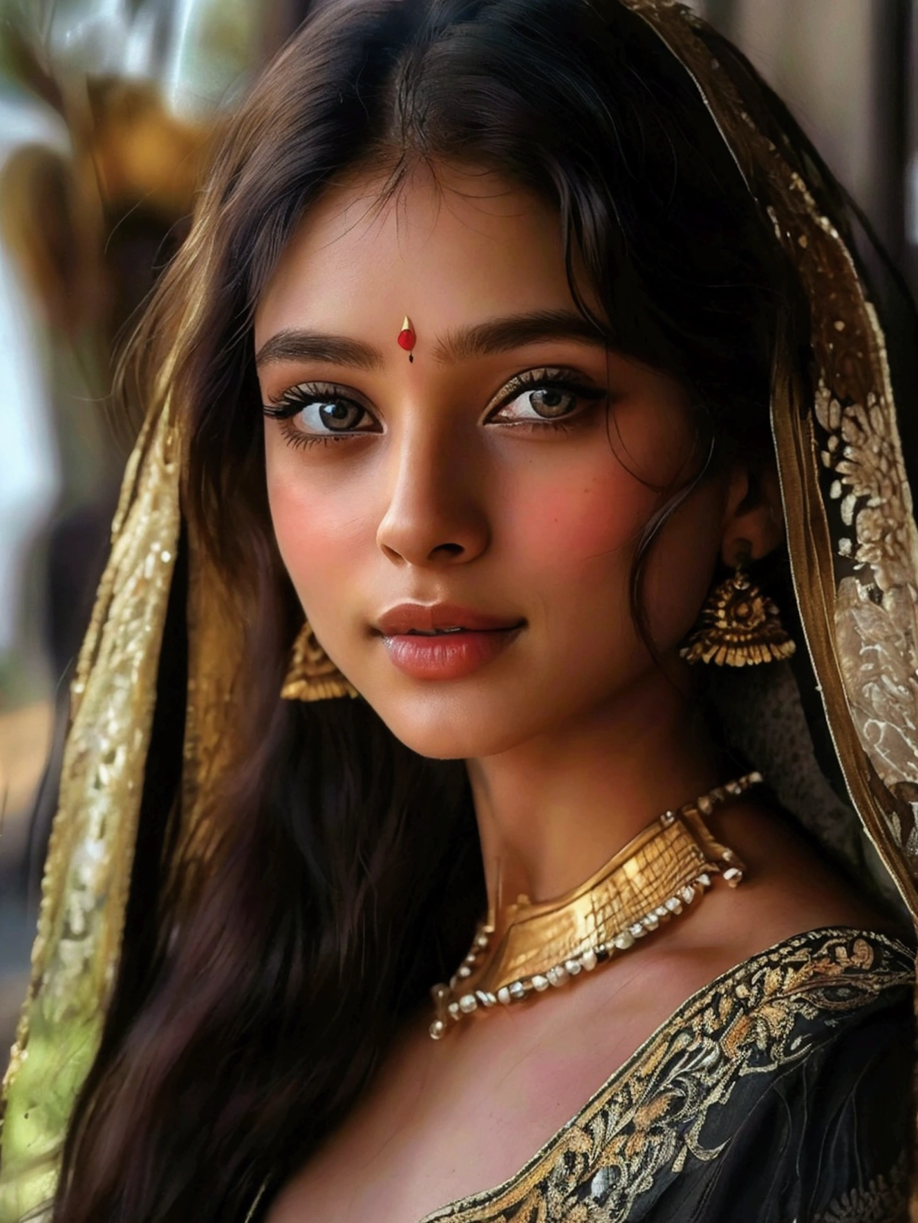 (((ultra realistic))) Photo, masterpiece, top quality, (pale skin), (Ultra detailed face and eyes:1.3), Indian 1 girl, in a beautiful black(goldon embroidery)dress, (Eye makeup, mascara) , Beautiful ,23 years young Indian girl healthy,indian girl with brown skin, cheerful smile looking,8k,realistic, raw photo,dark brown hair,fair skin, indian,long hair,clear facial features,, very detailed, 23years old, innocent face, natural wavy hair, high resolution, masterpiece, best quality, intricate details, highly detailed, sharp focus, detailed skin, realistic skin texture, texture, detailed eyes, professional, 4k, charming smile, shot on Canon, 85mm, shallow depth of field, kodak vision color, perfect fit body, extremely detailed, foto_\(ultra\), photorealistic, realistic, post-processing, maximum detail, roughness, real life, ultra realistic, photorealism, photography, 8k uhd, photography 