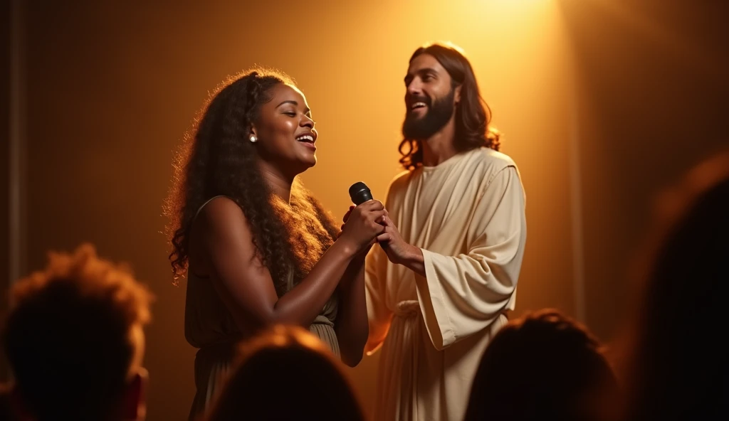 A realistic image of a person singing gospel music on a stage, with an expressive face showing deep emotion. Behind them, Jesus Christ stands with a gentle smile, placing his hand on their shoulder in a gesture of support and guidance. The stage is softly lit, with a warm, inviting atmosphere, and the audience is barely visible, focusing all attention on the singer and Jesus.