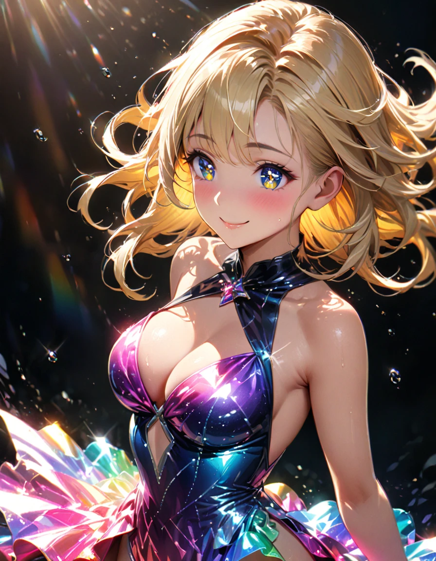 detailed textures, high quality, high resolution, high accuracy, Realism, color correction, correct lighting settings, harmonious composition. (high quality, a high resolution, Small parts), Shimmering background, (prismatic dress:1.2), Sparkling accessories, One, curvy women, Long blonde hair fluttering in the wind, graceful pose, sparkling eyes, (detailed eyes:1.2), smile, blush, Sub, oily skin, shallow depth of field, unearthly beauty, bright colors, soft lighting--ar 3:4- Niji 6