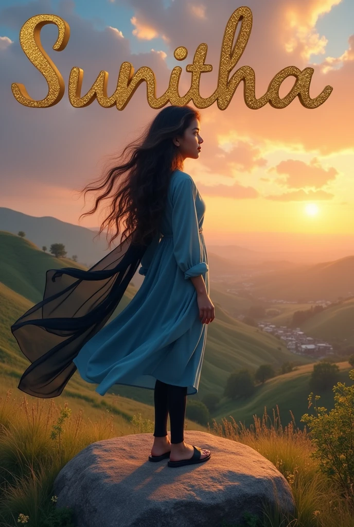Beautiful cute short girl aged 18 , stand on stone in middle of hills, have long hair wears metallic smart watch to her left hand and wears blue colour dress and black scarf which is moving due to air and black colour legin pand and wears Black colour chappal and seeing left side and sky in sunset mood,in background village and trees and crops and House written SUNITHA name on the sky at her background with gold stylish metallic letters