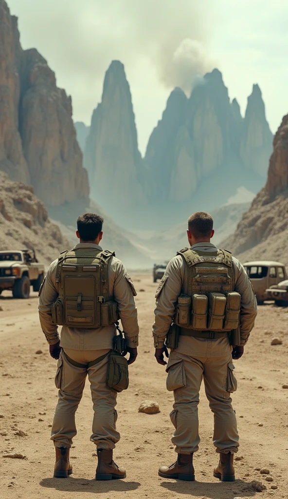 Two military soldiers in desolate survival terrain indicating their resilience in the face of the end of the world