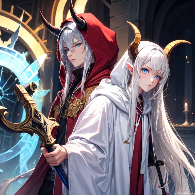 A male demon in the form of a human with horns, white long hair and blue eyes in clothes with a robe with a hood and a sword