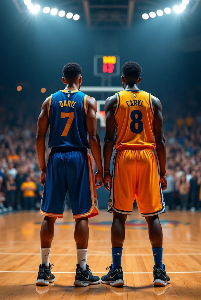 Deux joueurs de basket vu par derrière l'un avec un maillot écrit Daryl avec le dossard 7 l'autre avec un maillot écrit Caryl avec le dossard 8