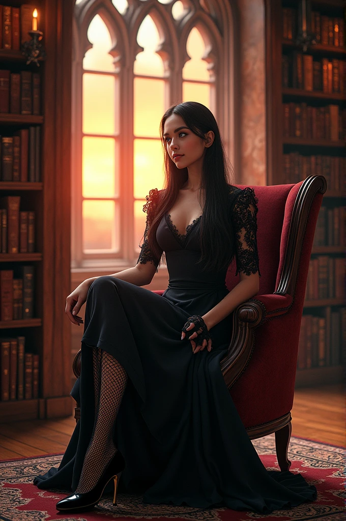 A woman, Beautiful librarian, high (1.80), attractive body, seductive body, adult body, body proportional to her age, age around 20 years old, adult, Erina I confess, female librarian, by the wide, black fur, straight hair down to the back, wearing earrings, payment methods, Sapphire blue eyes, small nose, well-proportioned nose, aligned nose, professional face, perfect face, delicate face, extremely feminine face, passionate smile, light smile, adult woman wearing formal black dress , medieval style, black skirt, Medias y tacones highs, ((above average breasts)), perky breasts, prominent breasts on the body, perfect waist, above average butt, black lace fishnet stockings, office environment, sitting in a chair, inside an ancient library, futuristic library, with an open window showing the sunset, posing from the front, looking at the viewer