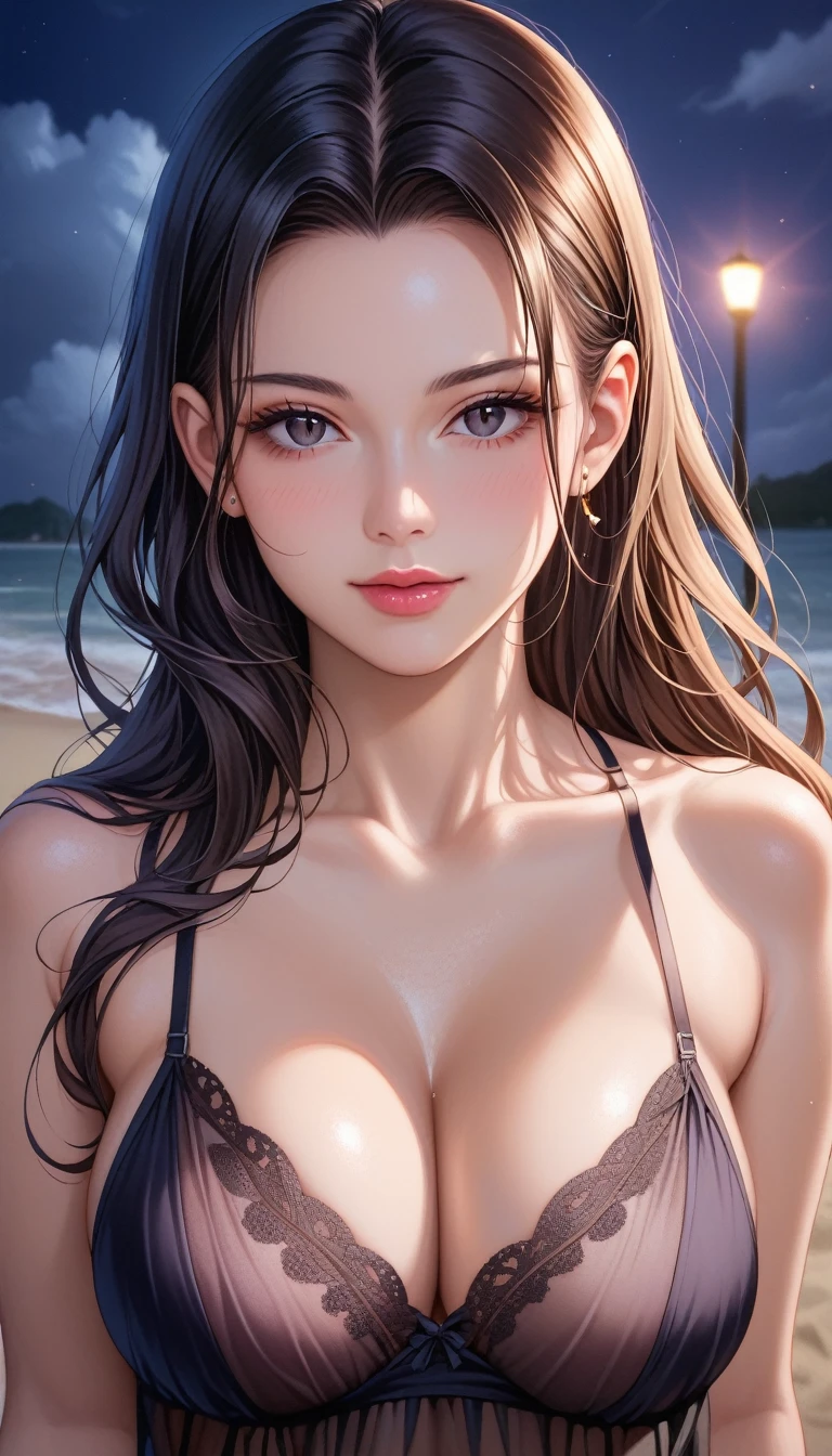 score_9, score_8_superior, score_7_superior, High-resolution 3DCG illustration,A masterpiece in 32K resolution,Highest quality,it is really amazing,Very detailed,Ultra-high resolution,Ultra-realistic,Realistic,Increased depth of field,Cinematic lighting,
Sexy mature Japan woman,
Glossy black hair,Wavy long hair,Showing his forehead,god々Beautiful,Ultra-detailed and beautiful face,Sensual look,Beautiful dark brown, moist eyes,Pitch black eyes,Glowing, moisturized skin,Translucent white skin,born々New skin texture,Great proportions,
Black camisole long dress,Black panties,
Wide open chest design,Deep slit showing the thighs,Detailed race decorations,詳細なborn地の質感,
A dark and blurry night background,Dark overcast sky on a dull night,Dark clouds filling the sky,Thundercloud,Coastline at night,Golden reflections on the sea surface,delay々A desolate sandy beach that continues,
Beautiful cleavage,Face close-up,High angle,