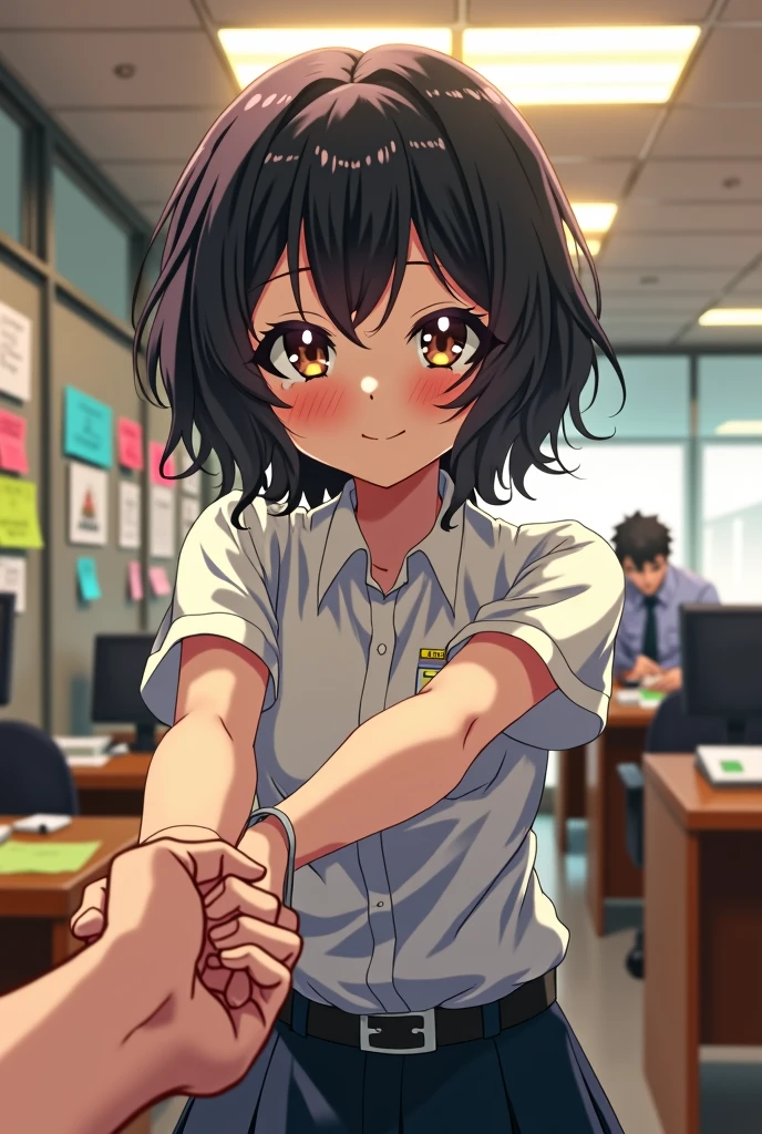 Anime girl with short curly black hair wearing a white dress shirt bending over embarrassed and mischievous and sly blushing with shy grin at camera and holding hands with somebody beyond the camera in an police office setting