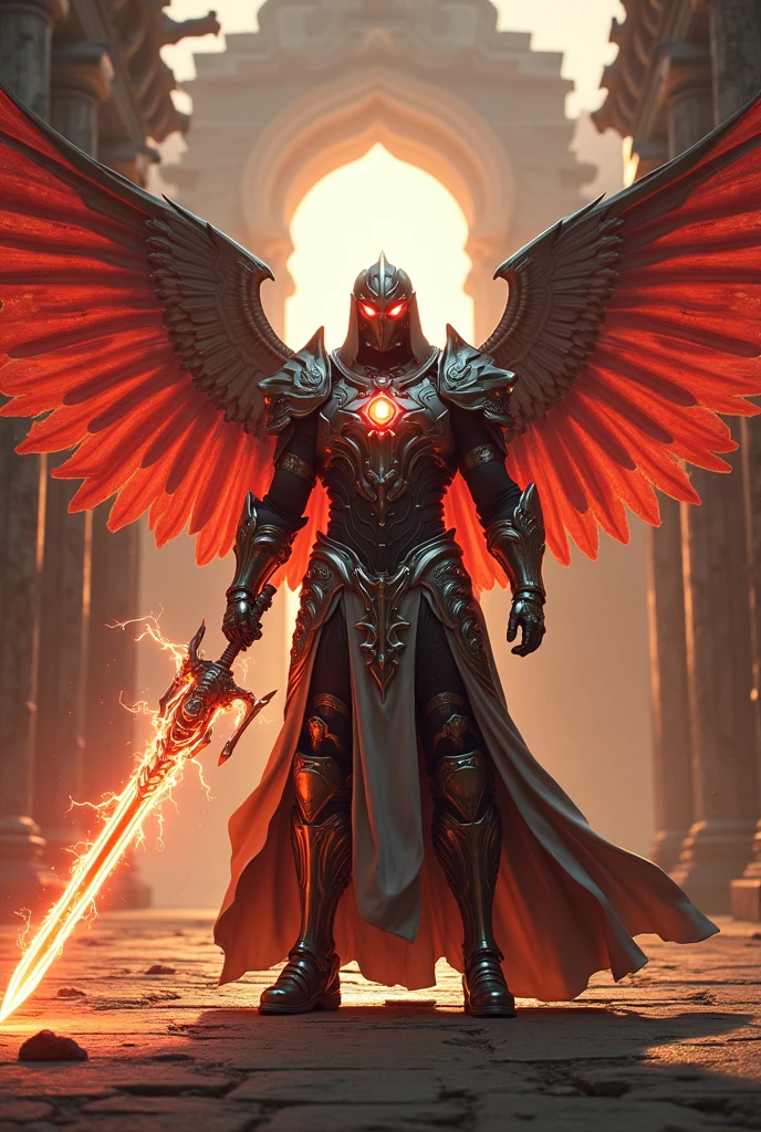 future futuristic style armored paladin with wings greatsword, red flame lightning around him with halo standing in front of temple, widescreen, glowing eyes, ray tracing, photorealistic, anatomically correct, retina, masterpiece, accurate, 8k, UHD, award winning, best quality, 16k, super detail