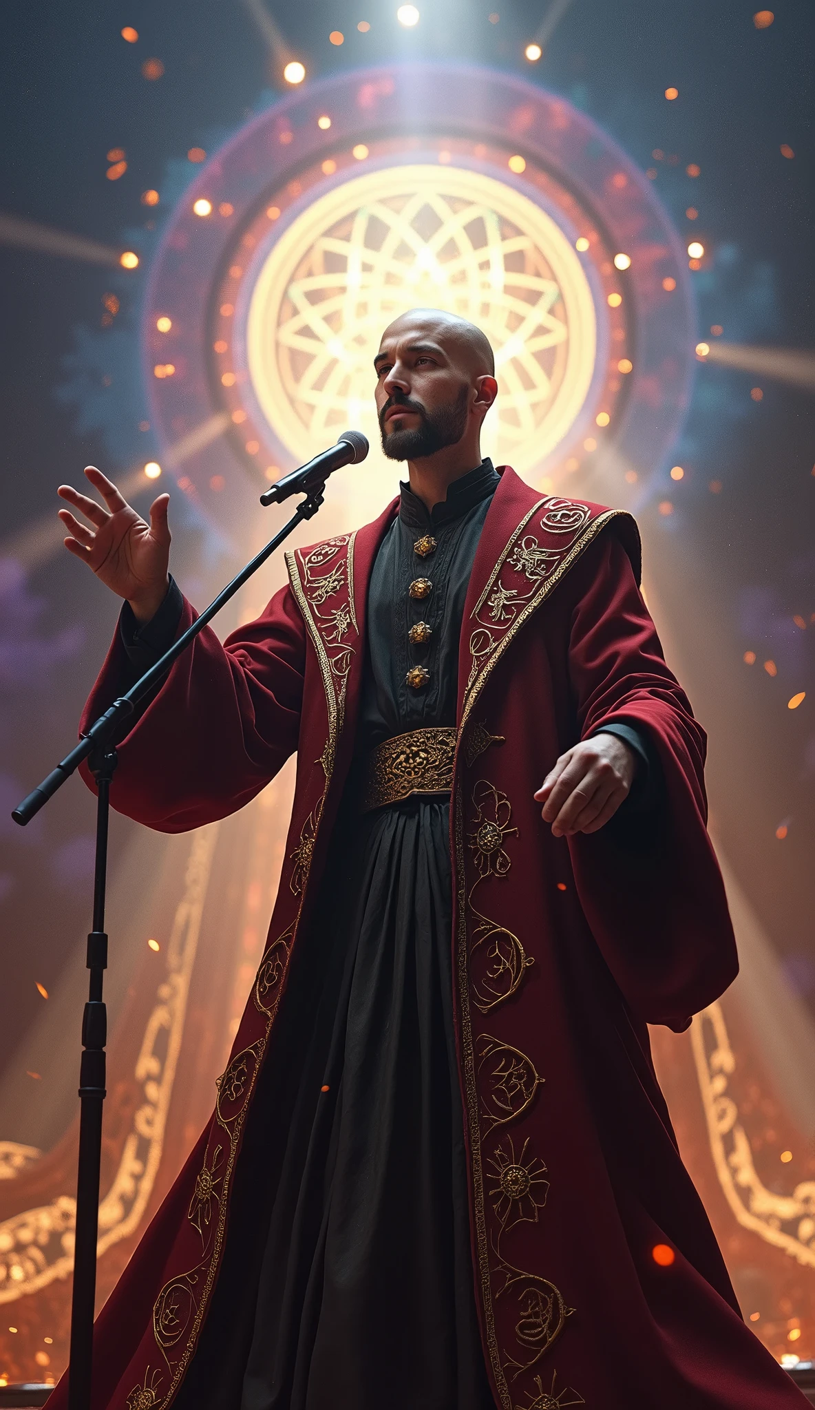 create a realistic wizard, 40 year old young man, bonitas, bald with short beard, communicator with microphone on a stage, to convey depth and effects of light from a spiritual portal, refined wizard attire