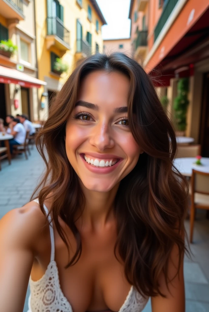Beautiful brunette, young, 22 ans, Italian, wavy hair, bright eyes big chest, Selfie, beautiful tooth, big lip