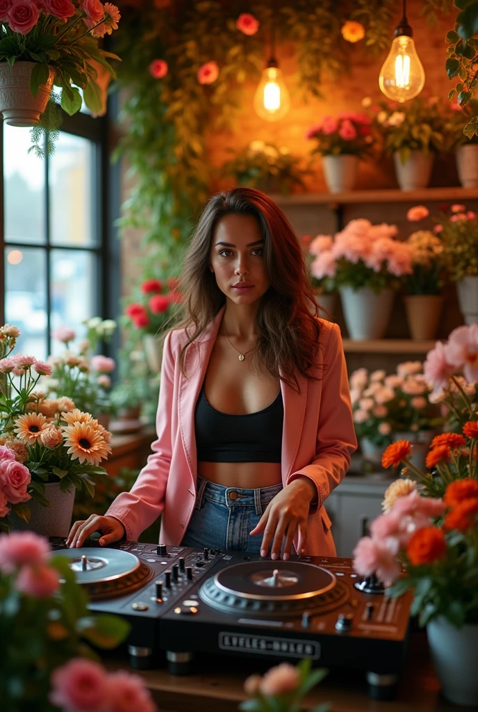 Female DJ performing at a flower shop named D TALLES