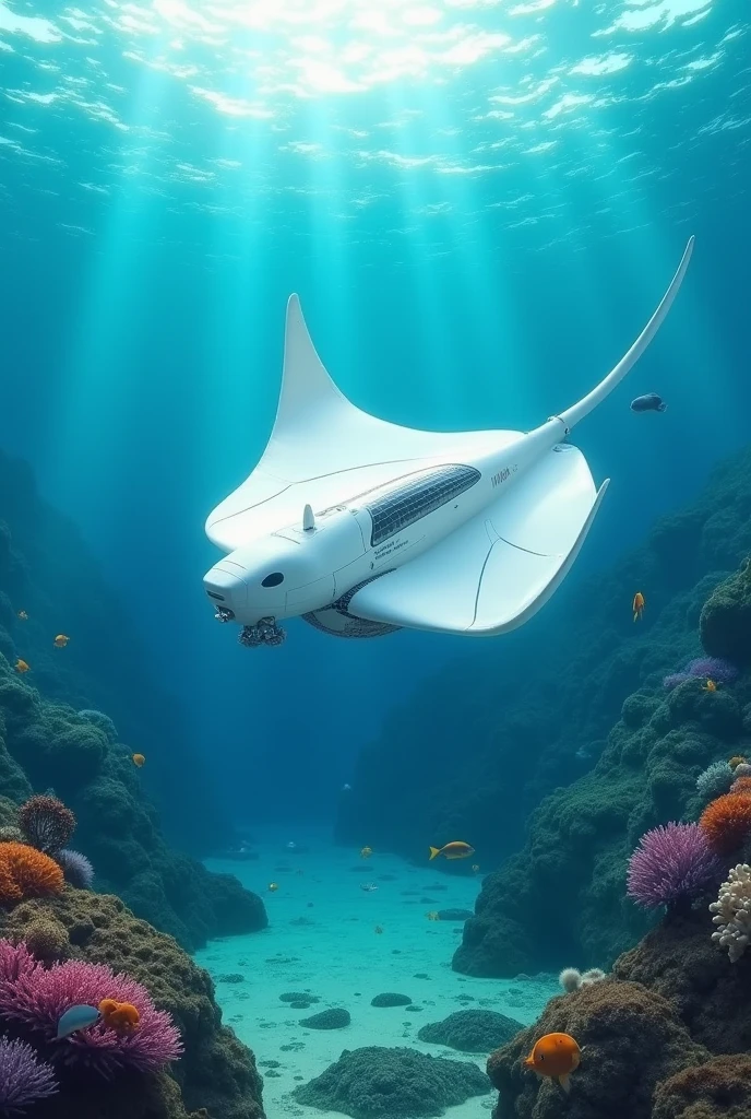 An white colored manta ray robot that floats eating the water surface garbage and collects the garbage in its netted belly, also its falps are water bot gliders