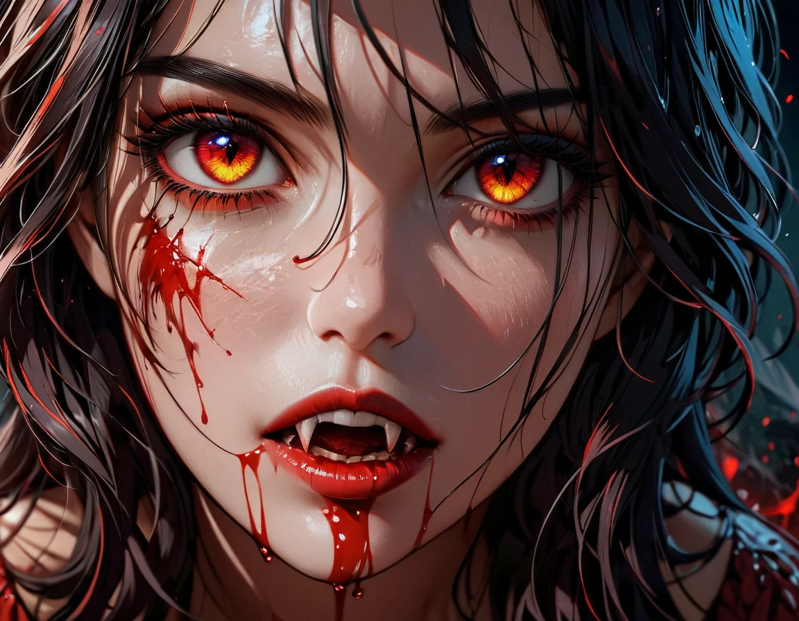 a portrait of a female vampire eating a (bloody cherry: 1.3), an exotic exquisite beautiful female vampire, dynamic hair color, wavy hair, dynamic eyes color, (glowing  eyes: 1.1), intense eyes, wearing glamour silk dress, intricate detailed dress, dynamic color dress, dynamic style dress, (eating  a large cherry soaked with blood: 1.3), blood dripping from the cheery,  whipped cream,  dark fantasy pastry shop background,  vibrant, Ultra-high resolution, High Contrast, (masterpiece:1.5), highest quality, Best aesthetics), best details, best quality, highres, 16k, [ultra detailed], masterpiece, best quality, (extremely detailed) RAW, (ultra details, Masterpiece, best quality),   Dark Art Painting Style, Intense gaze, blood, Cinematic Hollywood Film, art by mooncryptowow
