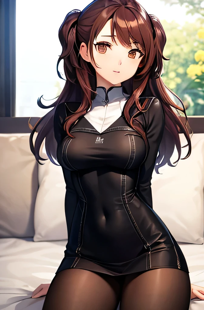 A high school girl with brown hair and brown eyes、She is wearing a tight-fitting high school uniform。.、She has E-cup breasts and thighs.、Spread your legs