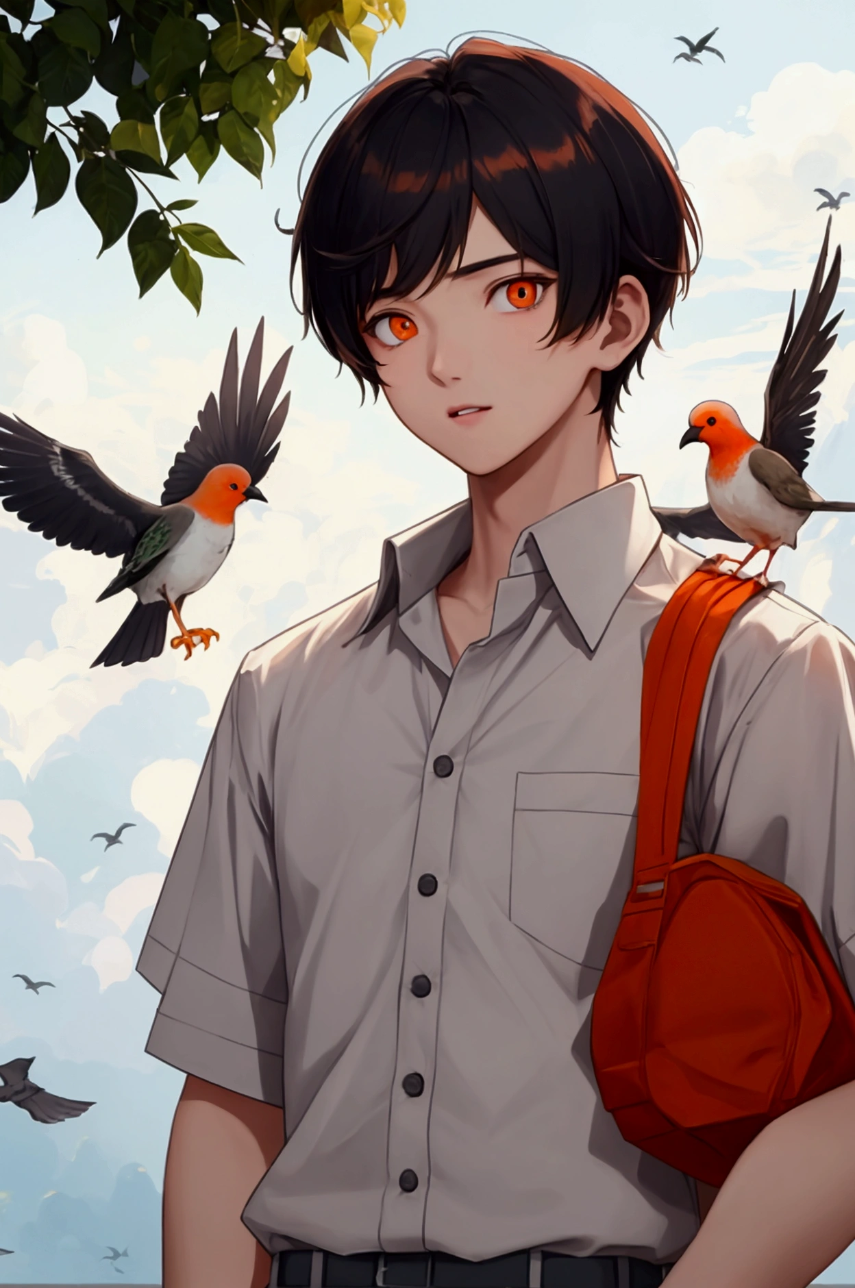 School boy (19 years old) , short hair (สีน้ำeyeลอ่อน ) , eye ( light orange) , Watching the birds