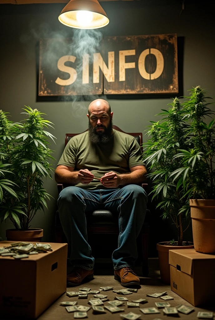 A MAN SITTING DOWN ON A CHAIR  IN A BASEMENT SMOKING WITH WEED PLANTS EVERYWHERE AND BOXES AND MONEY EVERYWHERE WITH  A SIGN SAYING "SINFO"
ON TOP OF HIM
