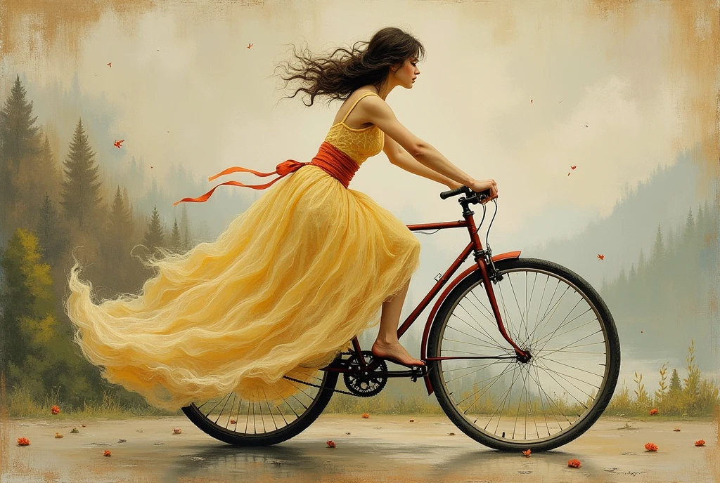 (masterpiece,top quality,perfect detailed Louis Icart style) ,one beautiful lady in long dress awkwardly rides a bicycle, a large and wonderful aesthetic that manifests itself in detail,ultra-detailed,((Louis Icart style)), (oil painting),detailed illustration, (best quality, masterpiece:1,1),grotesque,intricate details,tempering, (aesthetics),excitement,hyperrealistic,insanely detailed